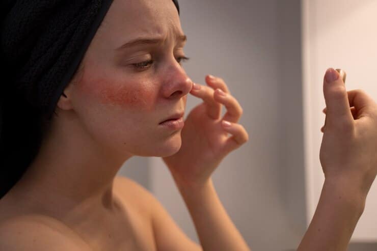 mujer mirando su rosacea espejo 23 2150248373 Cómo diferenciar las líneas de deshidratación de las arrugas